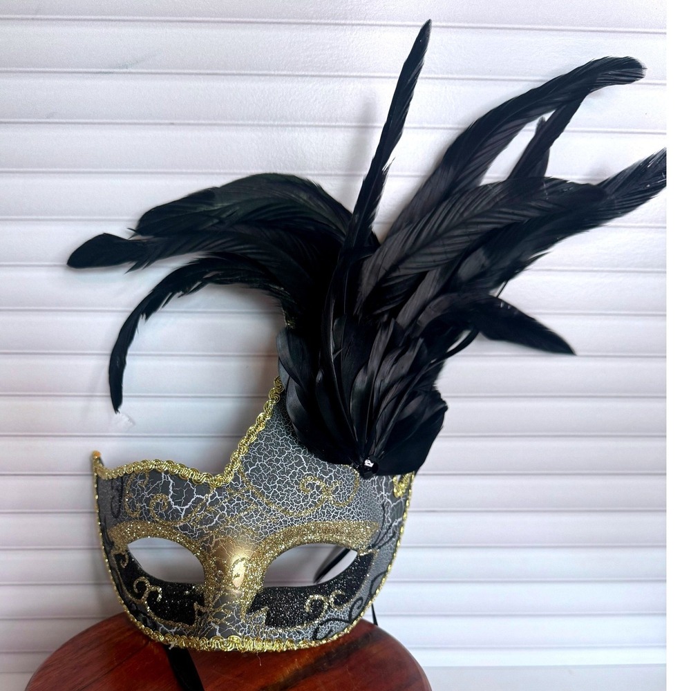 Black Gold Mardi Gras Masquerade Mask Feather Venetian Style Costume Mask
